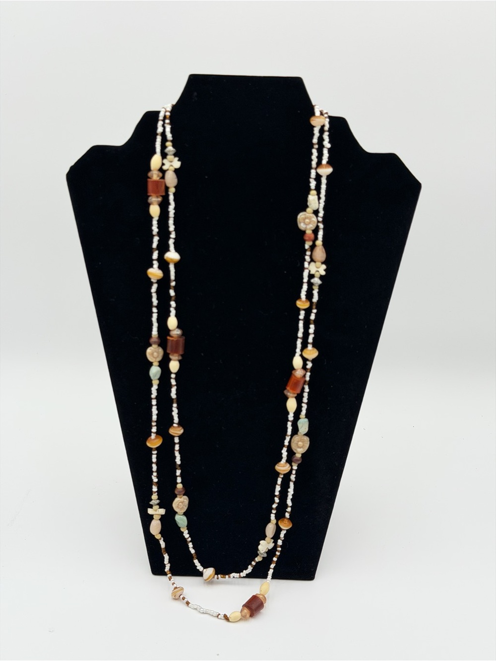 Long Boho Mixed Bead Shell Stone Necklace Pull On